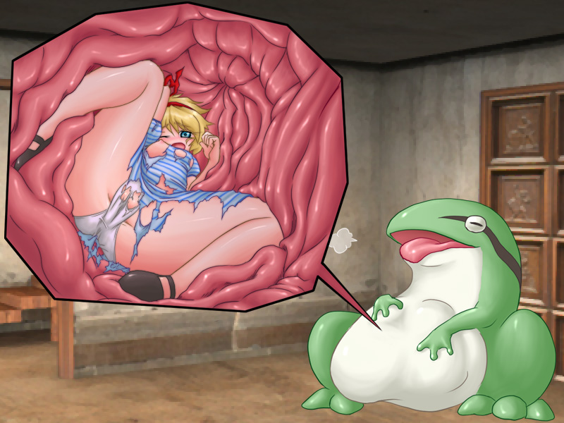 blonde_hair blush camel_(dansen) cross_section digestion dissolving_clothes female fromage girl helpless inside_creature open_mouth panties stomach_bulge torn_clothes underwear vore wince wink