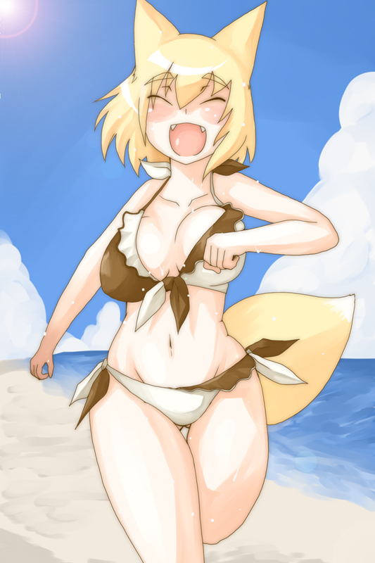 beach blush breasts cleavage clothed clothing eyes_closed female fox_ears fox_tail ran_yakumo running seaside shinobe skimpy solo summer swimsuit touhou water yakumo_ran