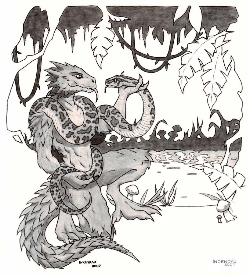 anthro digitigrade duo eye_contact feral forked_tongue incendax jungle kneeling lizard long_tongue male monochrome mushroom mushrooms plain_background reptile scalie snake standing swamp tongue tongue_out tree vines water white_background
