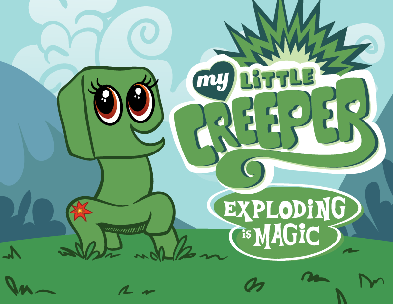 &lt;3 cloud creeper creepy crossover english_text female feral grass green_body logo looking_at_viewer minecraft mountain my_little_pony orange_eyes parody solo sonderjen text video_games