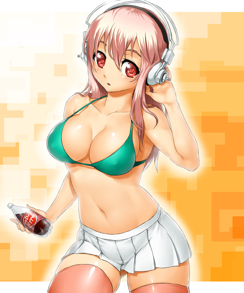 bikini_top blush breasts cleavage covered_nipples dr_pepper face headphones highres large_breasts long_hair midriff miniskirt navel nitroplus onsoku_maru open_mouth pink_hair product_placement red_eyes skindentation skirt solo super_sonico thighhighs zettai_ryouiki