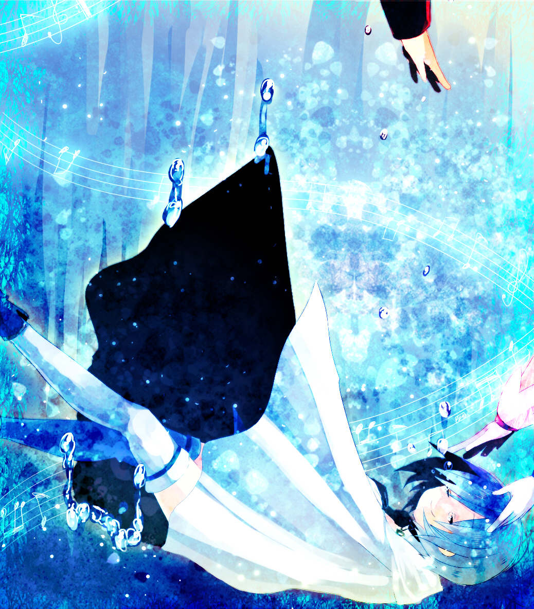 bad_id bad_pixiv_id beamed_eighth_notes beamed_sixteenth_notes blue blue_hair bubble cloak closed_eyes eighth_note falling gloves hands kaname_madoka magical_girl mahou_shoujo_madoka_magica miki_sayaka musical_note nochita_shin reaching sakura_kyouko short_hair smile staff_(music) tears thighhighs treble_clef underwater white_gloves