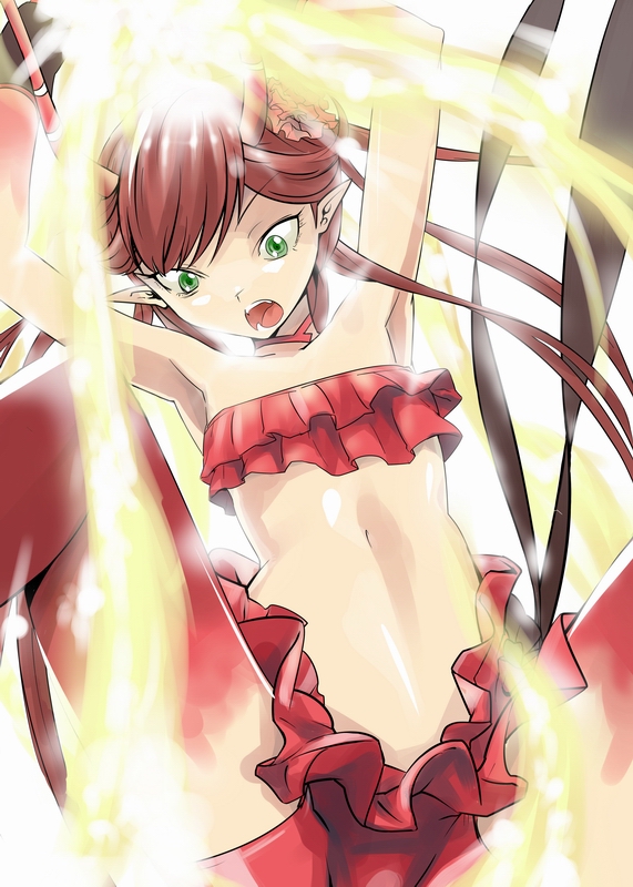 :o armpits arms_up brown_hair c_(control) commentary_request fangs frills green_eyes hekeniko mashu_(control) navel open_mouth pointy_ears solo stomach strapless sweatdrop tubetop