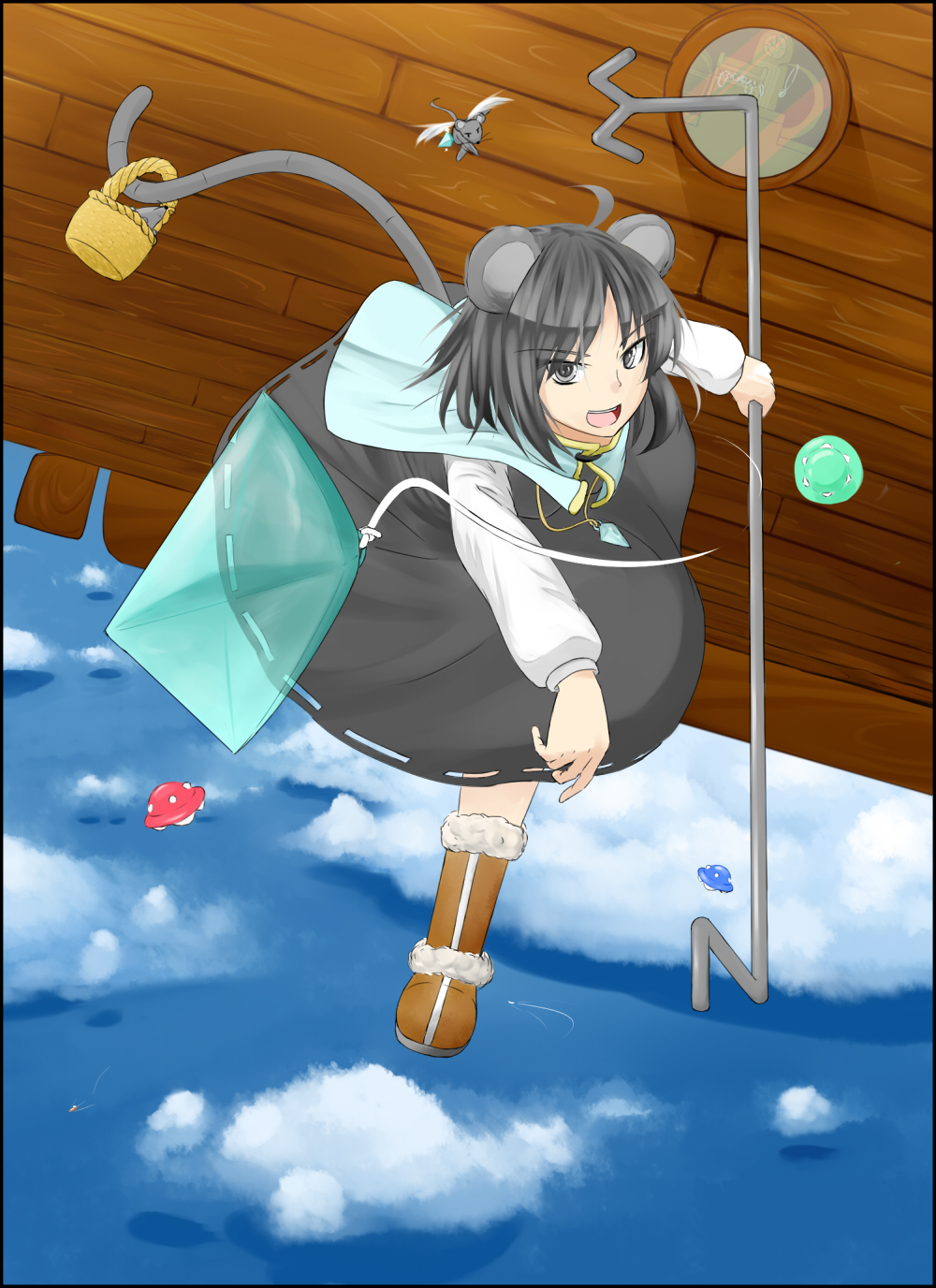1girl animal_ears basket boots capelet cloud day dress flying grey_eyes grey_hair highres jewelry mouse mouse_ears mouse_tail nazrin pendant sky solo tail touhou ufo window