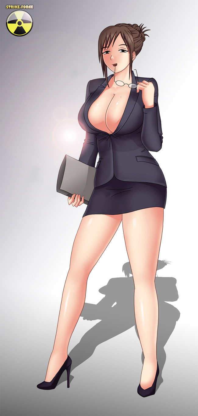 blazer breasts brown_hair business_suit cleavage female folder full_body fusano_fumie glasses gradient gradient_background heels high_heels highres holding huge_breasts legs milf milk_junkies mole office_lady open_mouth pumps sexy shadow shoes short_hair skirt solo standing teacher