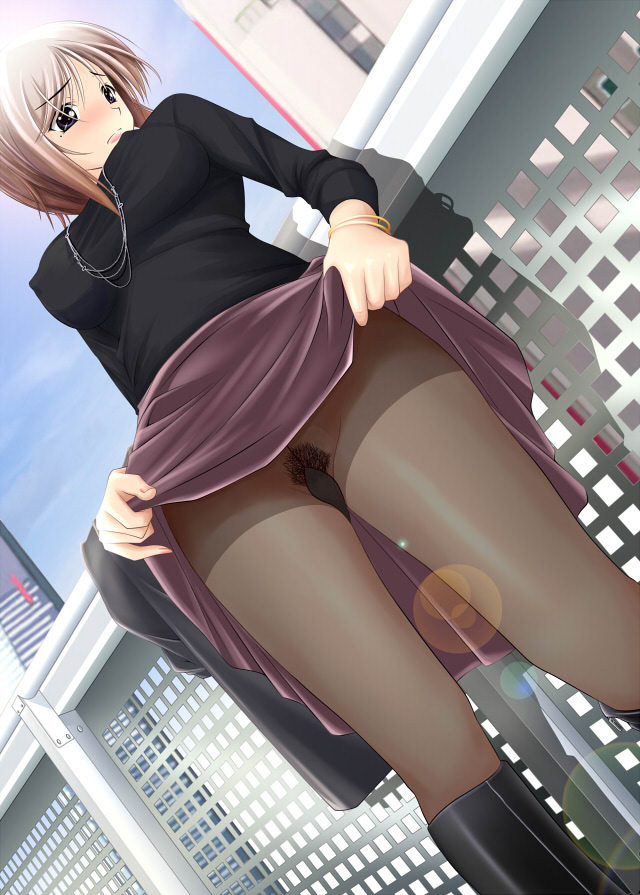 black_legwear blue_eyes blush boots breasts brown_hair city copyright_request covered_nipples dutch_angle embarrassed from_below gusset hiyoko_daiou jewelry large_breasts legs lens_flare mole necklace no_panties pantyhose pubic_hair see-through skirt skirt_lift solo