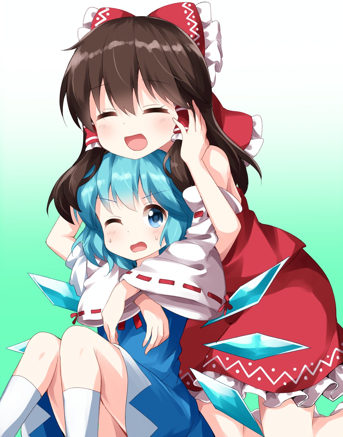:d ;d ^_^ bangs bare_shoulders black_hair blue_dress blue_eyes blue_hair bow cirno closed_eyes collared_shirt commentary_request detached_sleeves dress fairy_wings frilled_bow frilled_shirt_collar frills gradient gradient_background green_background hair_bow hair_tubes hakurei_reimu hand_on_another's_head head_on_head highres hug hug_from_behind ice ice_wings medium_hair multiple_girls nontraditional_miko one_eye_closed open_mouth petticoat red_bow red_ribbon red_shirt red_skirt ribbon ribbon-trimmed_sleeves ribbon_trim ruu_(tksymkw) shirt short_hair short_sleeves sidelocks skirt skirt_set sleeveless sleeveless_shirt smile tears touhou white_legwear white_shirt wide_sleeves wings