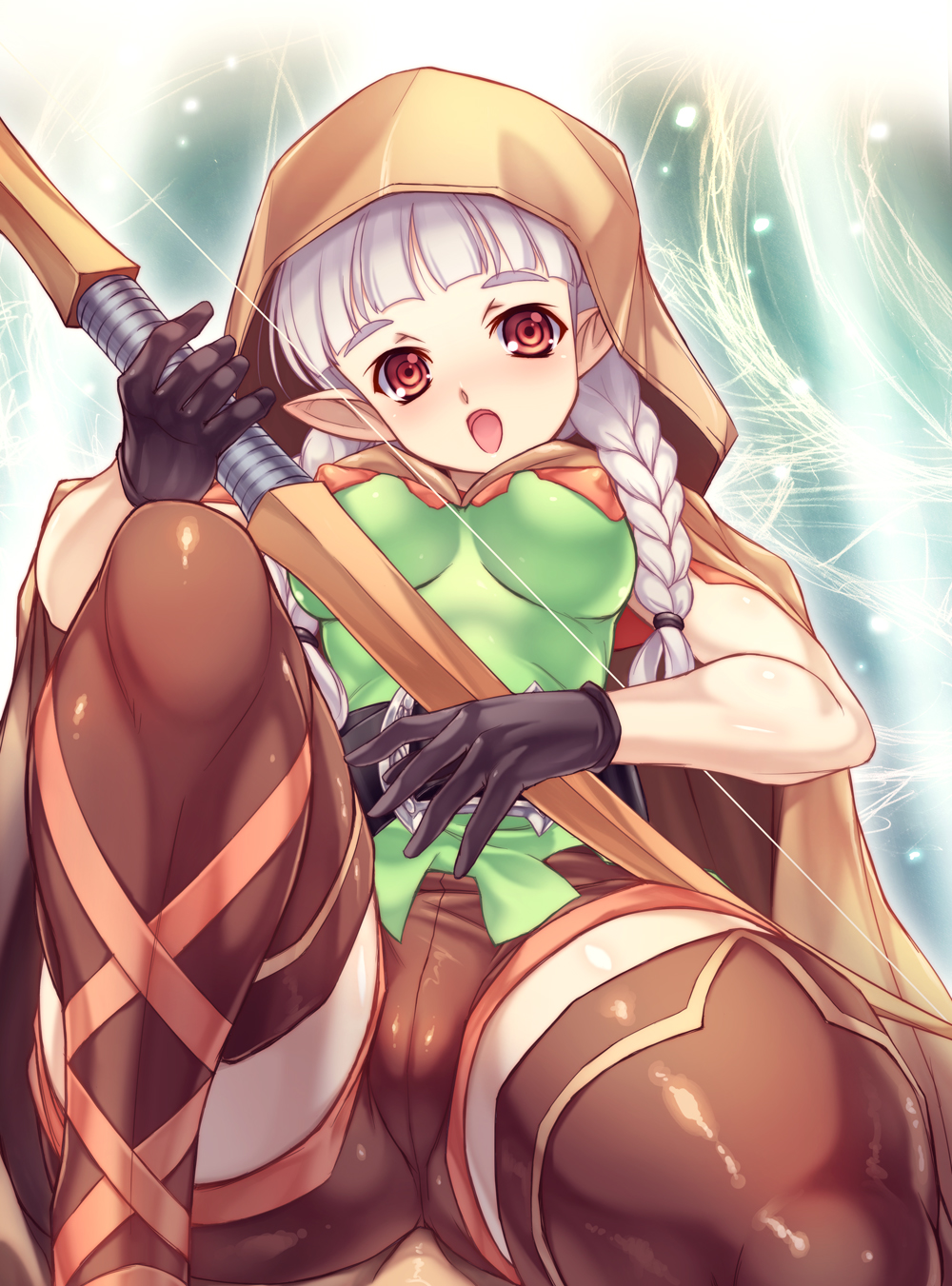 bow_(weapon) braid breasts brown_legwear covered_nipples dragon's_crown elf elf_(dragon's_crown) gloves highres hood ishida_hiroyuki legs medium_breasts open_mouth pointy_ears red_eyes shiny shiny_clothes shiny_skin solo thick_thighs thighhighs thighs twin_braids weapon white_hair