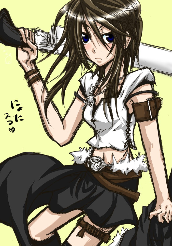 1girl aoi_(pixiv1169352) armband blue_eyes brown_hair female final_fantasy final_fantasy_viii genderswap gunblade jewelry long_hair midriff miniskirt necklace simple_background skirt solo squall_leonhart weapon wristband