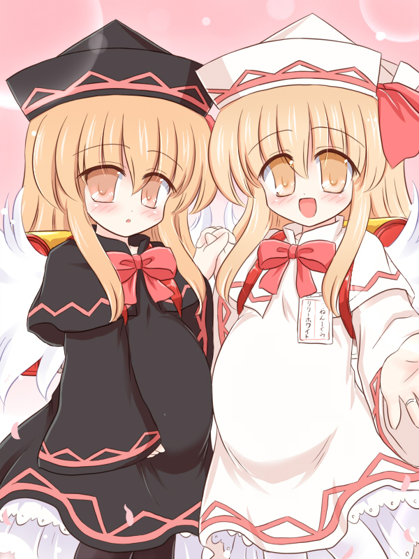 blonde_hair dual_persona hat lily_black lily_white multiple_girls pantyhose pregnant ry touhou