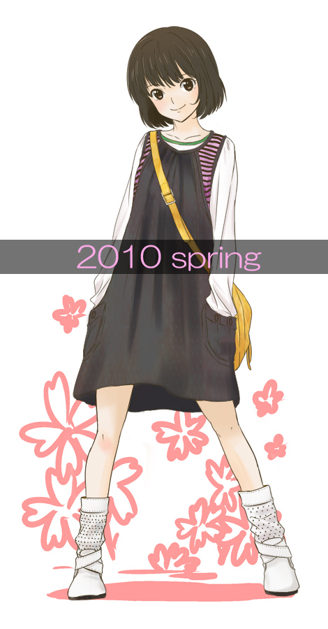 2010 ankle_boots bag black_dress boots brown_eyes brown_hair closed_mouth collarbone dress fashion full_body hands_in_pockets legs_apart long_sleeves looking_at_viewer original pocket saitoyu00 short_hair shoulder_bag simple_background smile solo spring_(season) standing striped white_background white_footwear