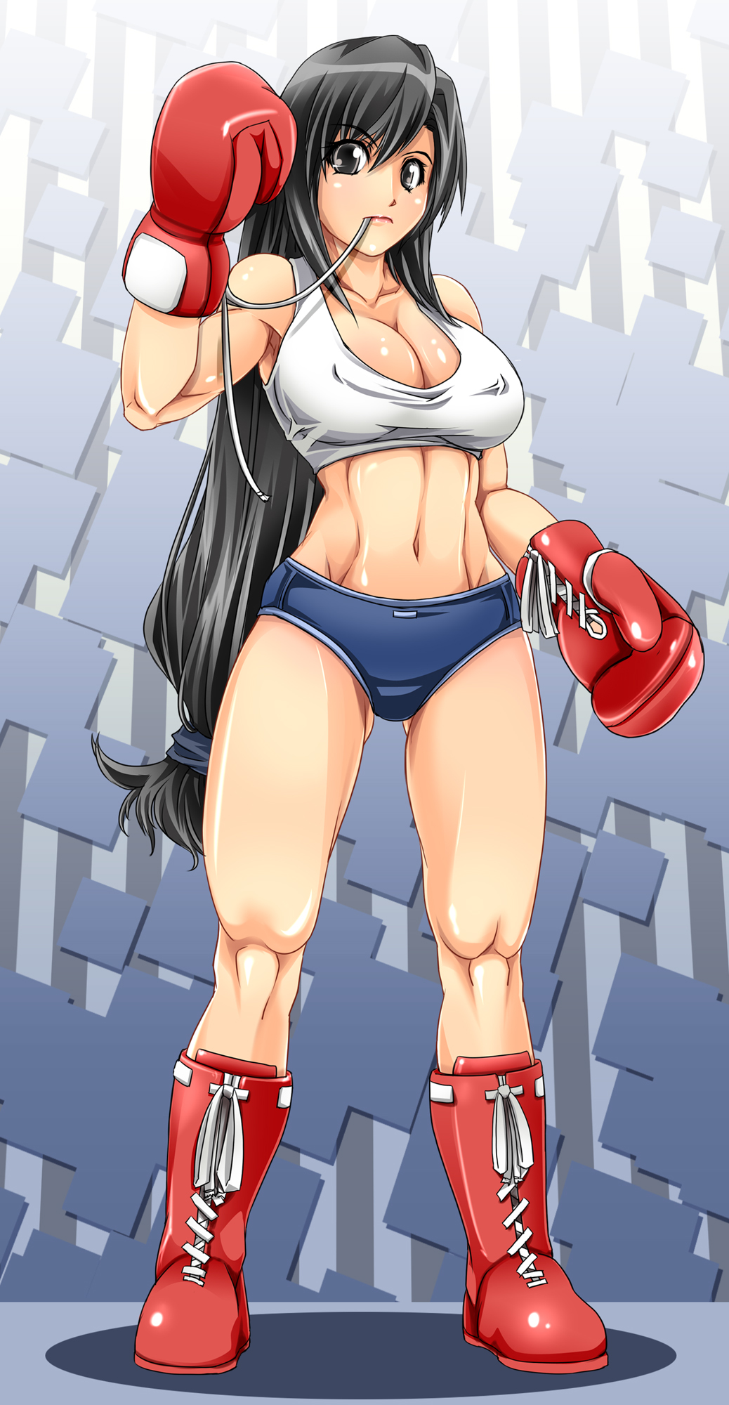 abs alop-net arm_up armpits bad_id bad_pixiv_id black_eyes black_hair boots boxing boxing_gloves breasts buruma cleavage collarbone covered_nipples final_fantasy final_fantasy_vii gloves hairband highres large_breasts legs long_hair midriff mouth_hold muscle navel shadow shirt sleeveless solo standing tank_top taut_clothes taut_shirt tifa_lockhart very_long_hair