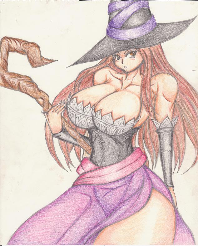 bad_id bad_pixiv_id bare_shoulders breasts brown_eyes brown_hair cleavage curvy detached_sleeves dragon's_crown dress hat large_breasts long_hair side_slit solo sorceress_(dragon's_crown) staff strapless strapless_dress traditional_media