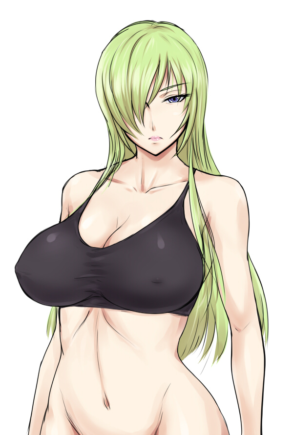 black_beat blue_eyes breasts cleavage collarbone covered_nipples eyelashes gold_feather green_hair groin h_ero hair_over_one_eye large_breasts lips long_hair navel original out-of-frame_censoring shirt solo taut_clothes taut_shirt