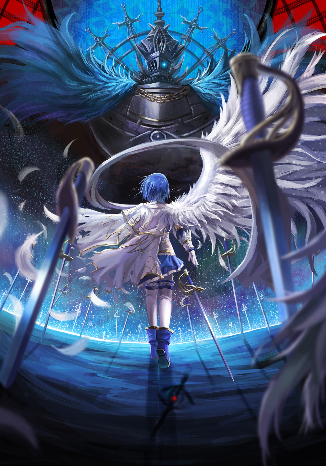 angel_wings back blue_hair cape commentary_request dual_persona epic fate/stay_night fate_(series) feathers from_behind grief_seed highres magical_girl mahou_shoujo_madoka_magica miki_sayaka oktavia_von_seckendorff parody saber_01 single_wing solo spoilers sword thighhighs unlimited_blade_works weapon white_legwear wings