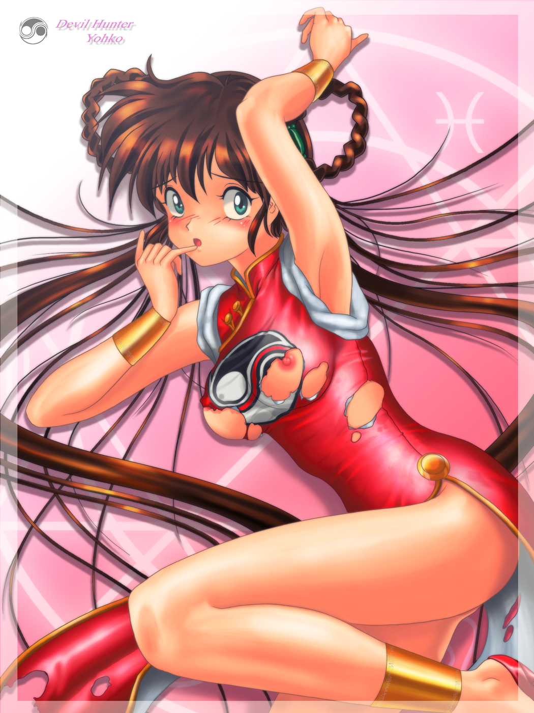 blush bracelet bracelets brown_hair china_dress chinese_clothes dress highres jewelry long_hair mamono_hunter_youko mano_youko nipple nipples torn_clothes very_long_hair