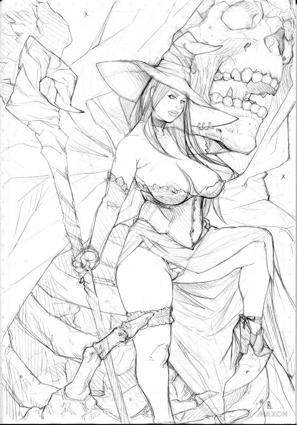 artist_request breasts cleavage dragon's_crown dragon's_crown huge_breasts maru-uni monochrome monster skeleton sketch sorceress_(dragon's_crown) sorceress_(dragon's_crown) staff thong vanillaware weapon