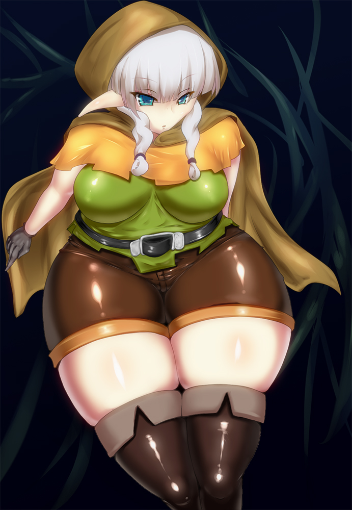 alternate_breast_size belt blue_eyes boots braid dragon's_crown dragon's_crown elf elf_(dragon's_crown) elf_(dragon's_crown) hood kari plump pointy_ears shorts solo thick_thighs thigh_boots thighhighs thighs totoya