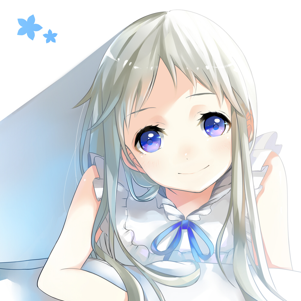 ano_hi_mita_hana_no_namae_wo_bokutachi_wa_mada_shiranai. blue_eyes dress face honma_meiko long_hair ribbon silver_hair sleeveless sleeveless_dress smile solo tate_(donnguriumai)