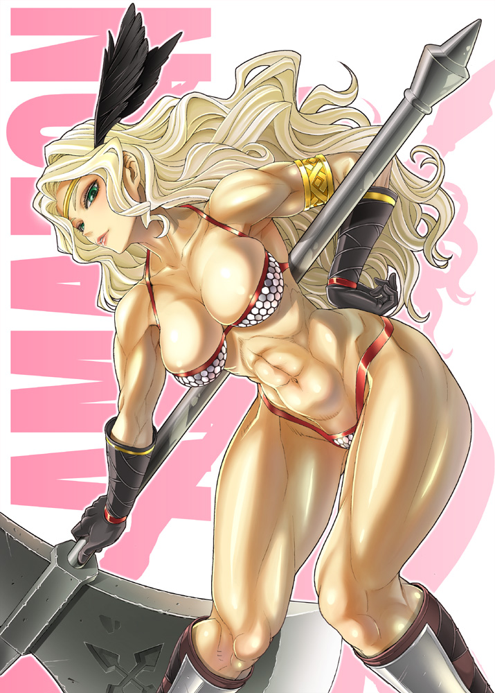 amazon_(dragon's_crown) armband armor blonde_hair boots breasts cleavage dragon's_crown green_eyes halberd large_breasts long_hair muscle navel open_mouth pierre_norano polearm solo weapon