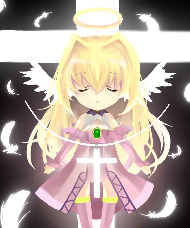 angel artist_request chibi closed_eyes cross feathers halo solo source_request wings
