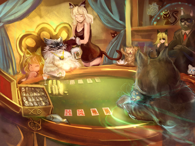 bar bell boss cards cat cat_ears catgirl chair cheering classy clothing collar curtains deeperocean dress feline female feral fish gambling human mammal marine non-anthro poker pool_table sardines security suit table