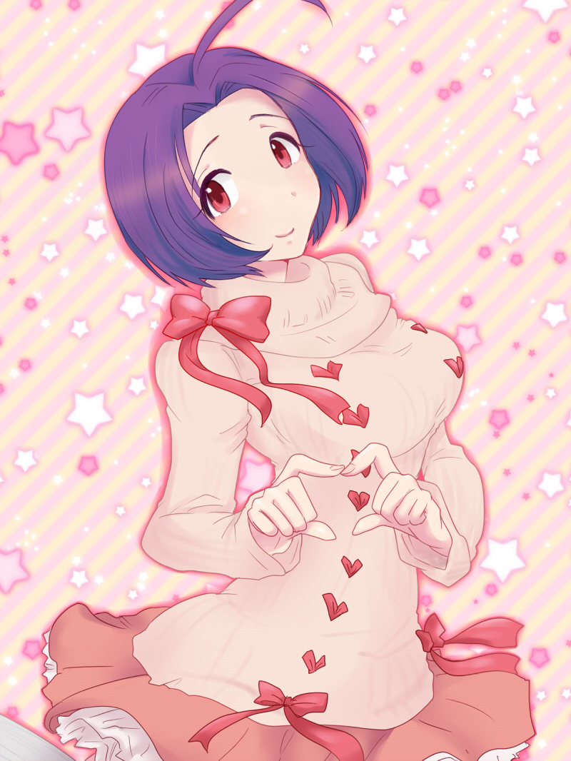 ahoge bad_id bad_pixiv_id blue_hair blush breasts error heart heart_hands idolmaster idolmaster_(classic) idolmaster_2 medium_breasts miura_azusa mojamoja red_eyes short_hair skirt smile solo sweater