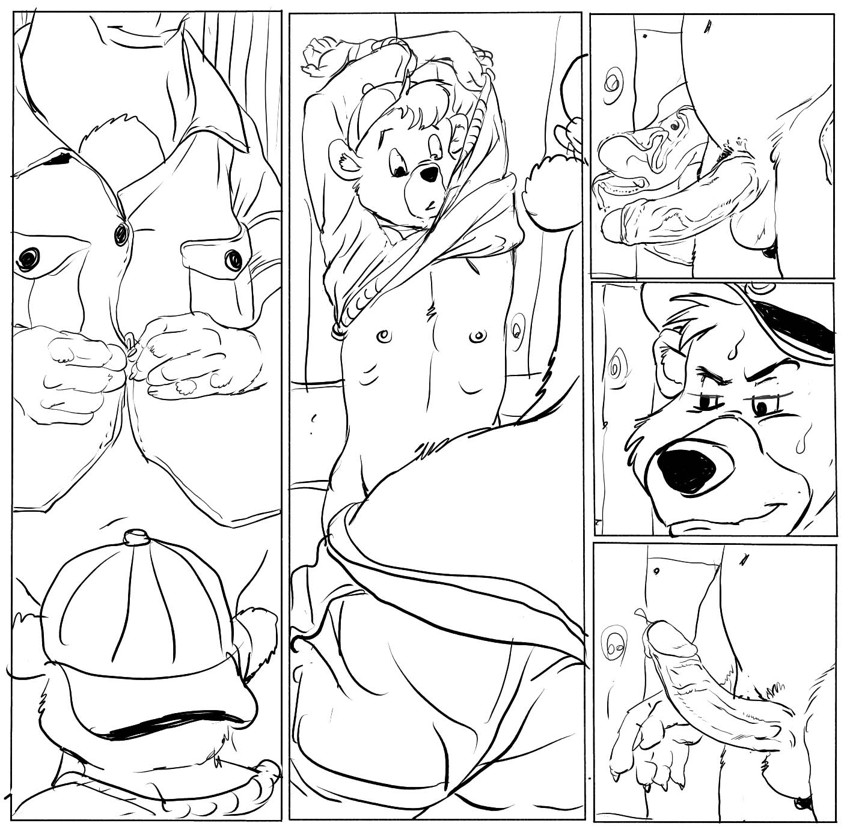 baloo bear black_and_white bottomless chubby clothed clothing comic disney fat furronika gay half-dressed kit_cloudkicker male mammal monochrome nude overweight penis talespin undressing