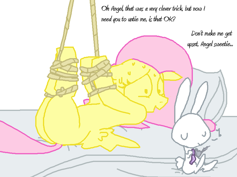 bdsm bondage bound condom equine female feral fluttershy_(mlp) friendship_is_magic fur hair horse imminent_rape lagomorph mammal my_little_pony pegasus pink_hair plain_background pony rabbit rope the_weaver unknown_artist white_background wings yellow yellow_fur