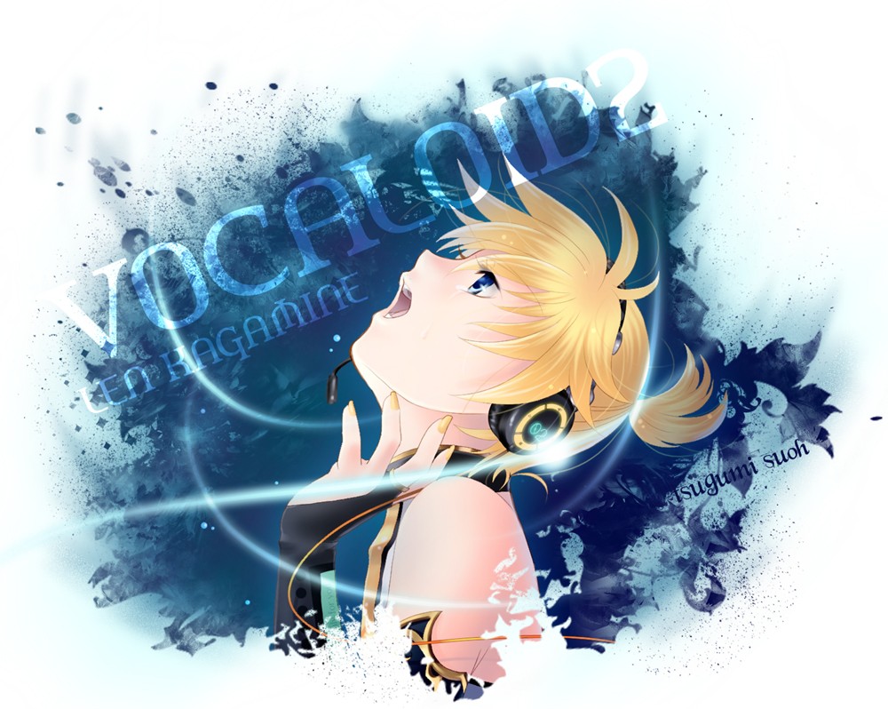 adapted_costume bare_shoulders blonde_hair blue_eyes boy collar fingerless_gloves gloves hand_to_ear hand_to_mouth headphones headset kagamine_len looking_up male male_focus nail_polish ponytail singing sleeveless solo tsugumi_suou vocaloid