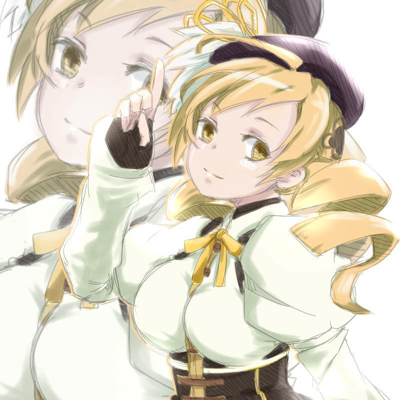 beret blonde_hair breasts corset detached_sleeves drill_hair fingerless_gloves gloves hair_ornament hat large_breasts magical_girl mahou_shoujo_madoka_magica mitchlin shirt solo taut_clothes taut_shirt tomoe_mami zoom_layer