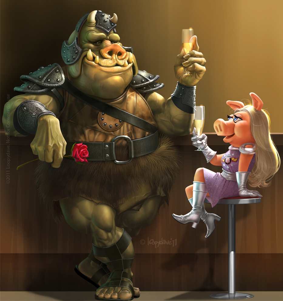 bar bar_stool beverage champagne date female flower gamorrean loopydave male mammal miss_piggy muppet muppets pig porcine rose size_difference star_wars