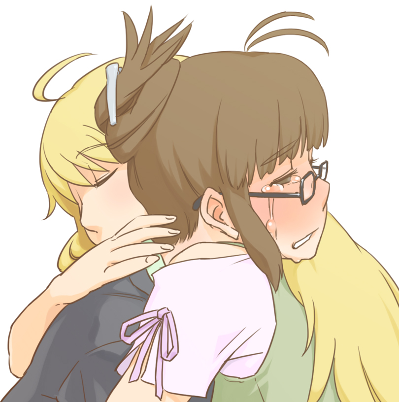 ahoge akizuki_ritsuko antenna_hair blonde_hair blush brown_eyes brown_hair closed_eyes ebinera face folded_ponytail glasses hair_ornament hair_up hairclip hoshii_miki hug idolmaster idolmaster_(classic) long_hair multiple_girls short_hair tears