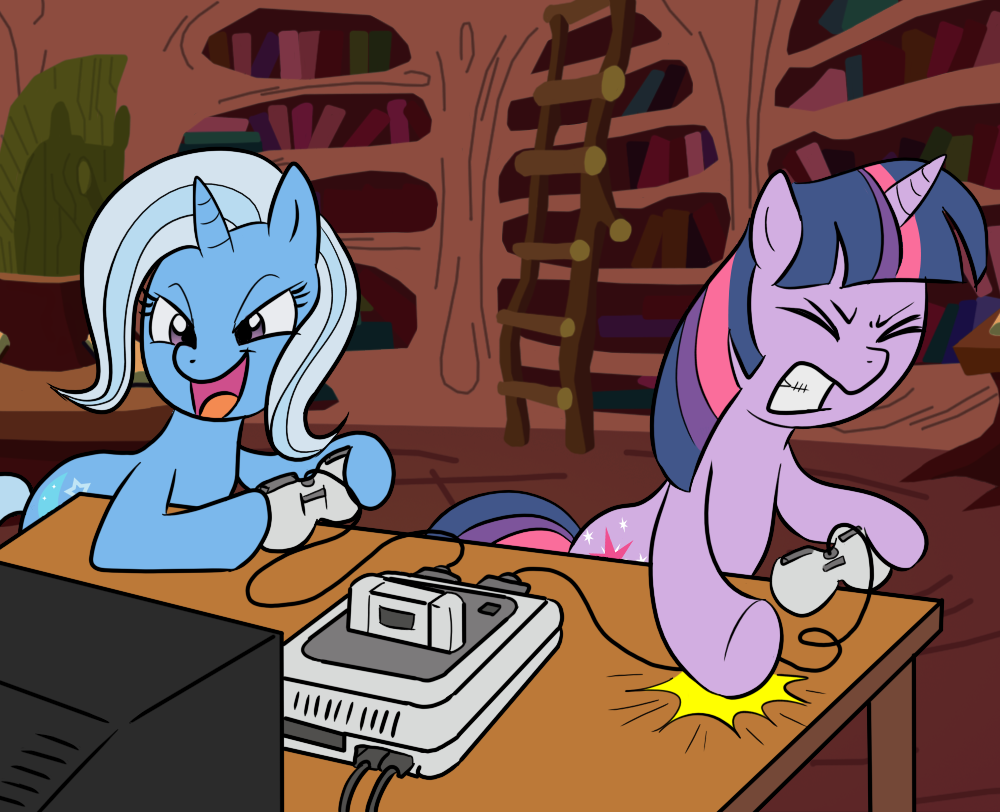 cutie_mark equine female feral friendship_is_magic game_controller horn ladder mammal my_little_pony table television trixie_(mlp) twilight_sparkle_(mlp) unicorn unknown_artist video_games