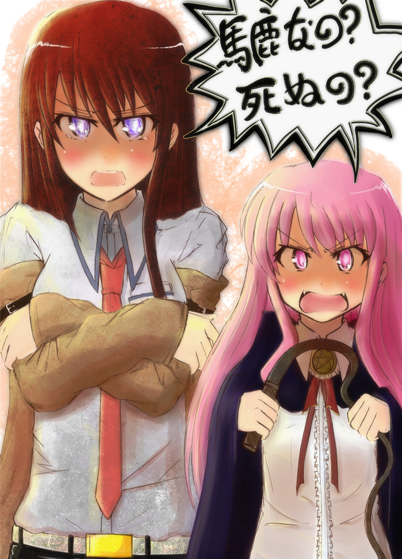 angry brown_hair cape crossed_arms crossover fangs kc_(babyface11922) long_hair louise_francoise_le_blanc_de_la_valliere makise_kurisu multiple_girls pentacle pink_eyes pink_hair purple_eyes steins;gate trait_connection translated tsundere whip zero_no_tsukaima