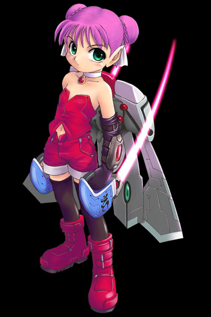 bare_shoulders black_background black_legwear boots choker double_bun energy_sword expressionless gloves green_eyes hair_ribbon hunewearl knee_boots looking_at_viewer mag_(phantasy_star) n3o2 navel phantasy_star phantasy_star_online pink_hair pointy_ears ribbon shorts sleeveless solo standing sword thighhighs weapon wings younger