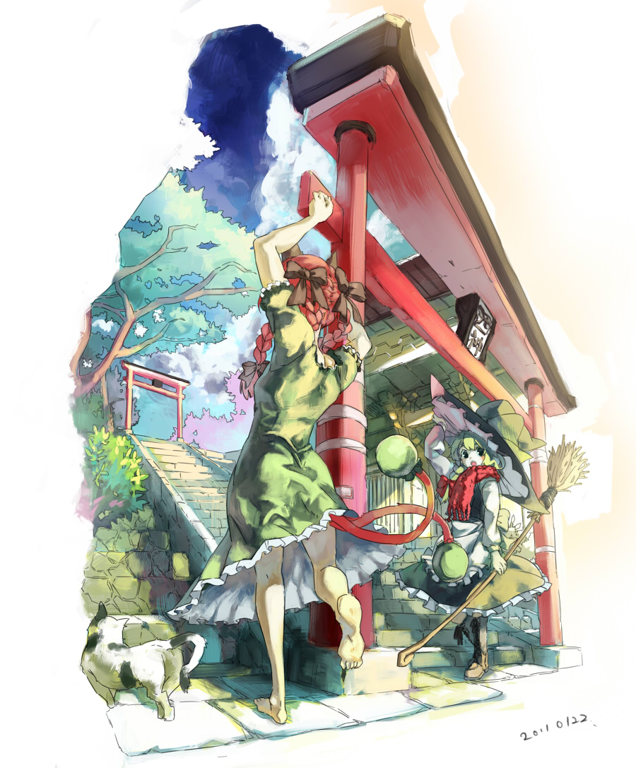 animal_ears arms_up bad_id bad_pixiv_id barefoot boots bow braid broom cat cat_ears cat_tail dated dress hair_bow hand_on_headwear hat kaenbyou_rin kirisame_marisa kusanagi_kikoku long_hair multiple_girls nature perspective scarf stairs standing tail torii touhou twin_braids witch_hat
