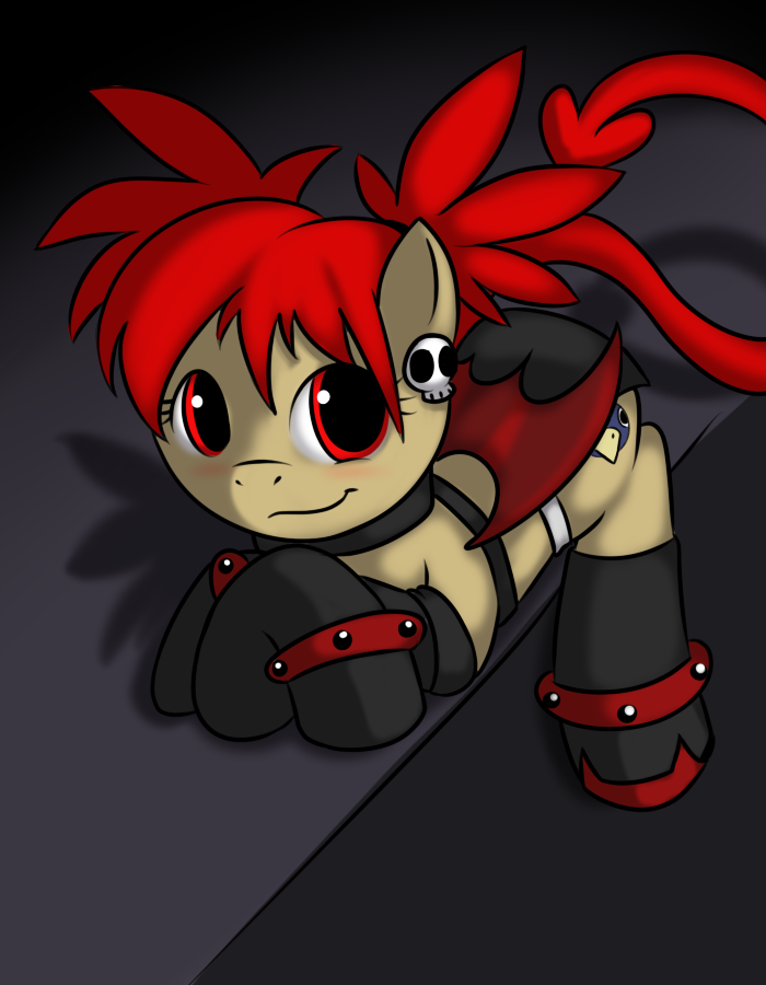 bracelet clothed clothing costume cutie_mark demon_wings disgaea ear_piercing elbow_gloves equine etna female feral friendship_is_magic fur gloves hair horse jewelry kloudmutt legwear looking_at_viewer lying mammal my_little_pony on_front penguin piercing ponification pony prinny red_eyes red_hair simple_background skull smile solo stockings yellow_fur