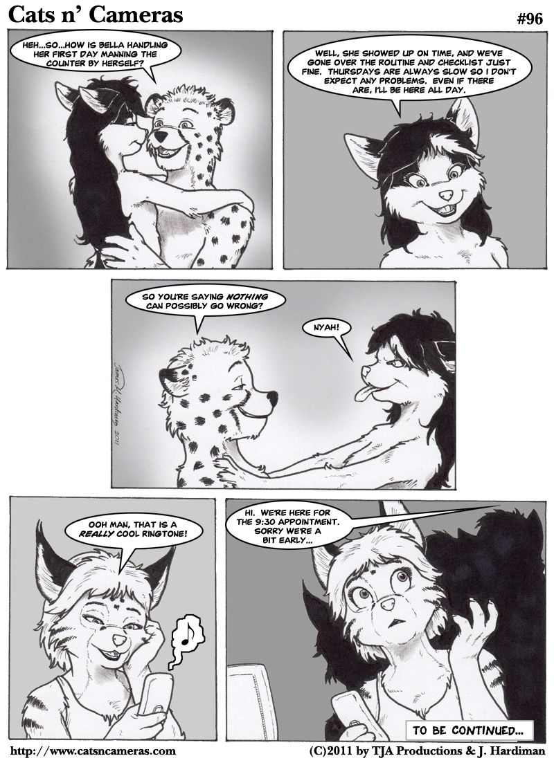 black_and_white black_hair cat cats_n'_cameras cats_n'_cameras cheetah clothed clothing comic couple dialog dialogue english_text feline female greyscale hair half-dressed james_m_hardiman jim jo lynx male mammal monochrome straight text topless