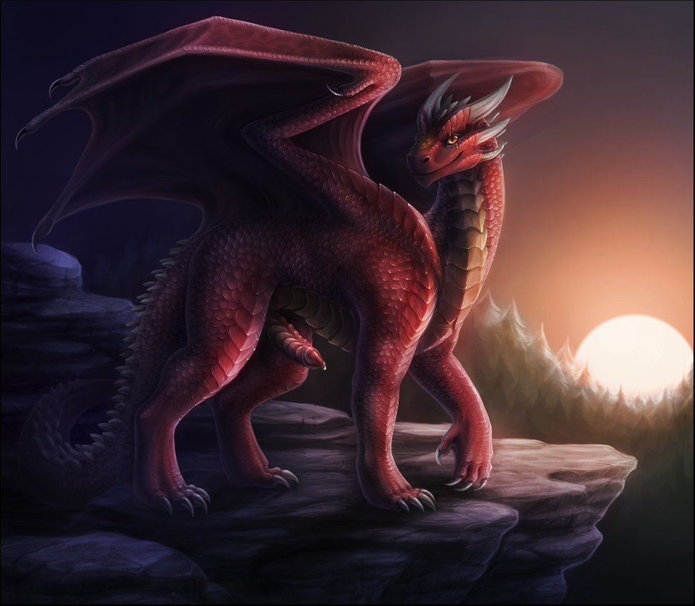 (the)dragonfan_(character) awesome cum detail dragon horns ignis looking_at_viewer male mountain penis red scalie scar solo sun superboll wings