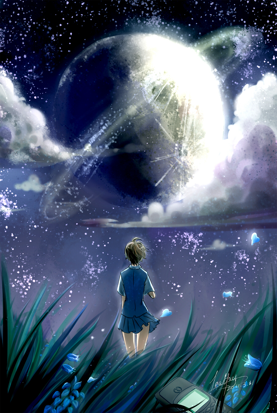 brown_hair cellphone cloud from_behind grass highres hoshi_no_koe jealfay nagamine_mikako night phone planet saturn scenery school_uniform science_fiction short_hair sky solo star