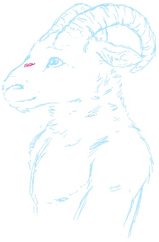 blue_and_white blush bust caprine fur horn horns male mammal monochrome neck_fluff neck_ruff nipples plain_background ram sarvix sheep sketch smile solo twiddla white_background
