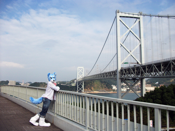 blue bridge clothing fence fur fursuit handkerchief japan looking_at_viewer outside photo real solo
