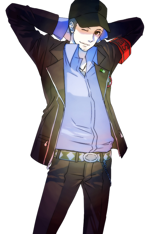armband arms_behind_head brown_eyes chain hat iori_junpei male_focus one_eye_closed persona persona_3 school_uniform simple_background smile solo utk-utk
