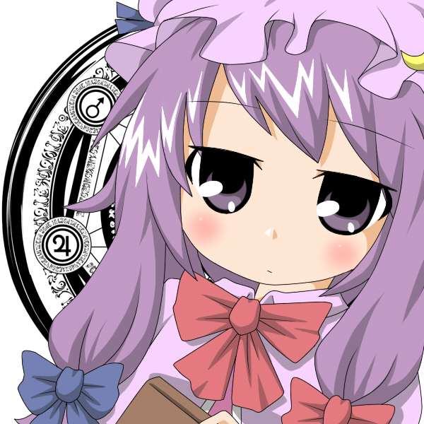 blush bow expressionless hair_bow hat hitotsume_chuu long_hair patchouli_knowledge purple_eyes purple_hair solo touhou