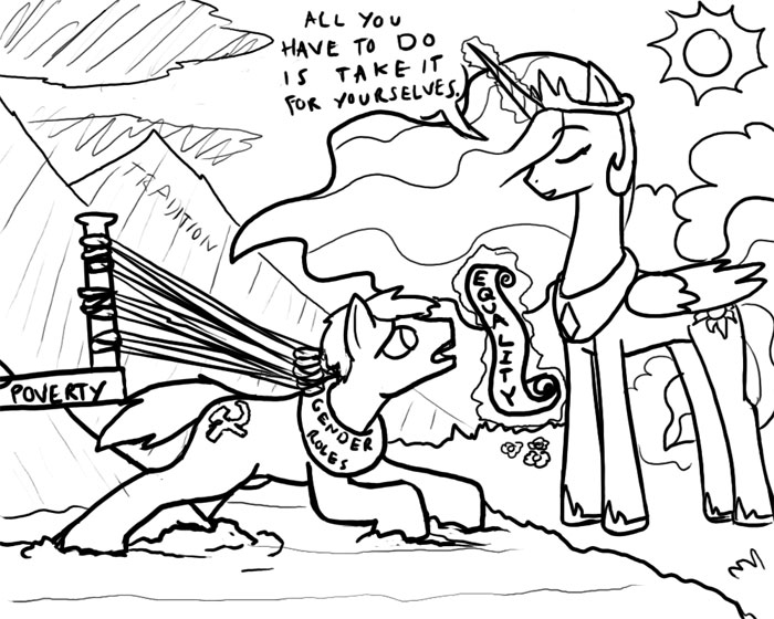 ? communism cutie_mark dialog draft_horse duo english_text equine female feral friendship_is_magic hammer_and_sickle horn horse male mammal monochrome my_little_pony p_comics plain_background political_cartoon pony princess princess_celestia_(mlp) royalty text white_background winged_unicorn wings yoke