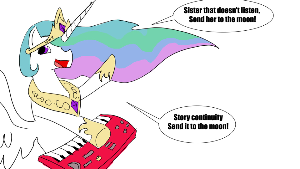 alicorn equine female feral friendship_is_magic horn horse humor humour keyboard mammal mca_jabberwocky moon musical_instrument my_little_pony pegacorn plain_background pony princess princess_celestia_(mlp) regular_show royalty solo text to_the_moon white_background winged_unicorn wings