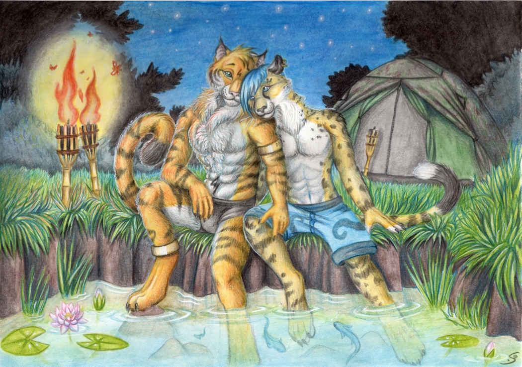 anthro blue_hair cat cheetah claws duo feline firefly forest gay hair letigre male mammal night nuathu piercing ring scenery schiraki stripes tail tent tiger tree wood