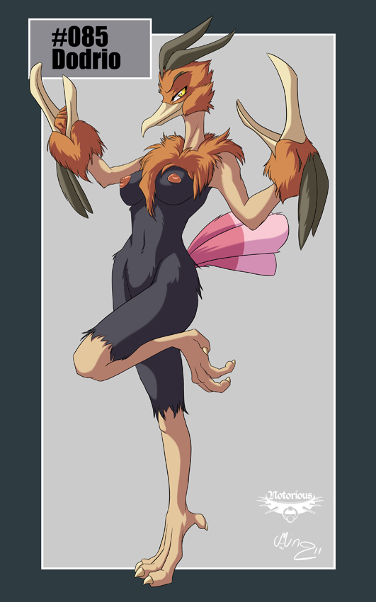 anthro avian beak breasts brown brown_feathers collaboration dodrio female mingchee multi_head multiple_heads navel nintendo nipples notorious84 nude pinup pok&#233;mon pok&#233;morph pok&eacute;mon pok&eacute;morph pose pussy solo standing tail the_pokedex_project video_games yellow_eyes