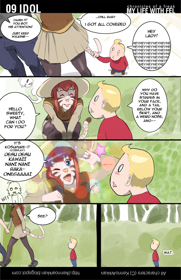 anthro blonde_hair brown_hair child clothed clothing comic couple cute dialog dialogue fel_(character) feline hair human hybrid kenno_arkkan mammal my_life_with_fel one_eye_closed red_hair skirt stripes tail text tiger wapanese webcomic what white_tiger wink young